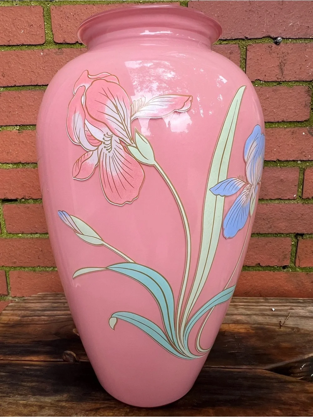 Vintage 1980s Pink Ceramic Floor Vase with Hand-Painted Art Deco Iris Design